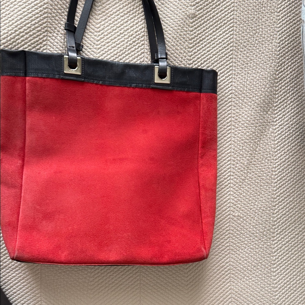 Furla Red Suede Tote with Black Leather Pocket - Picture 5 of 12